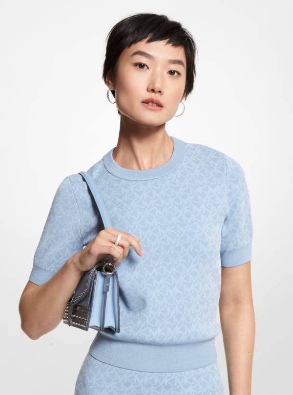 Damske Svetre Michael Kors Logo Jacquard Short-Sleeve Sweater Námornícka Modrá - Oblecenie Michael Kors Lacne | OYJEZ-3607